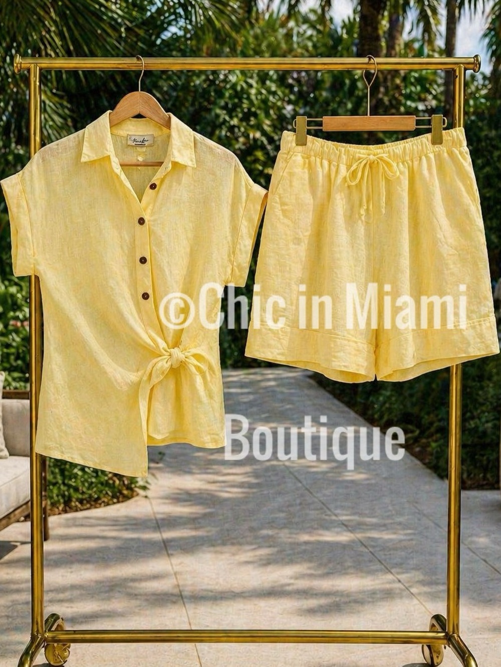 Italian Linen Button Down Tie-Front Shirt and Short Set - OS
